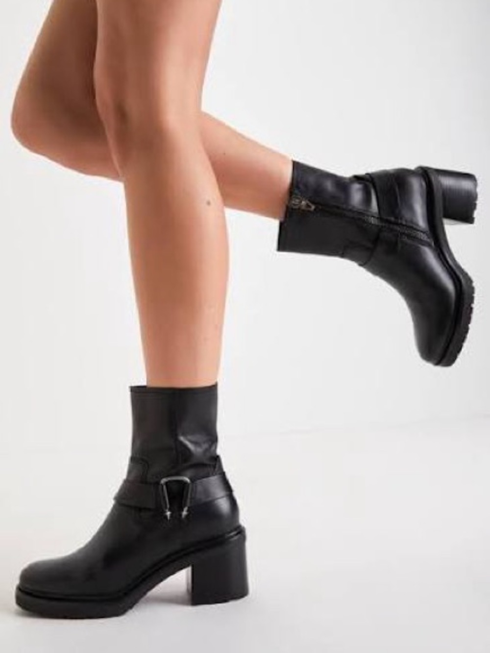 Dolce Vita Black Leather Mid-Calf Heeled Boots with Buckle Strap